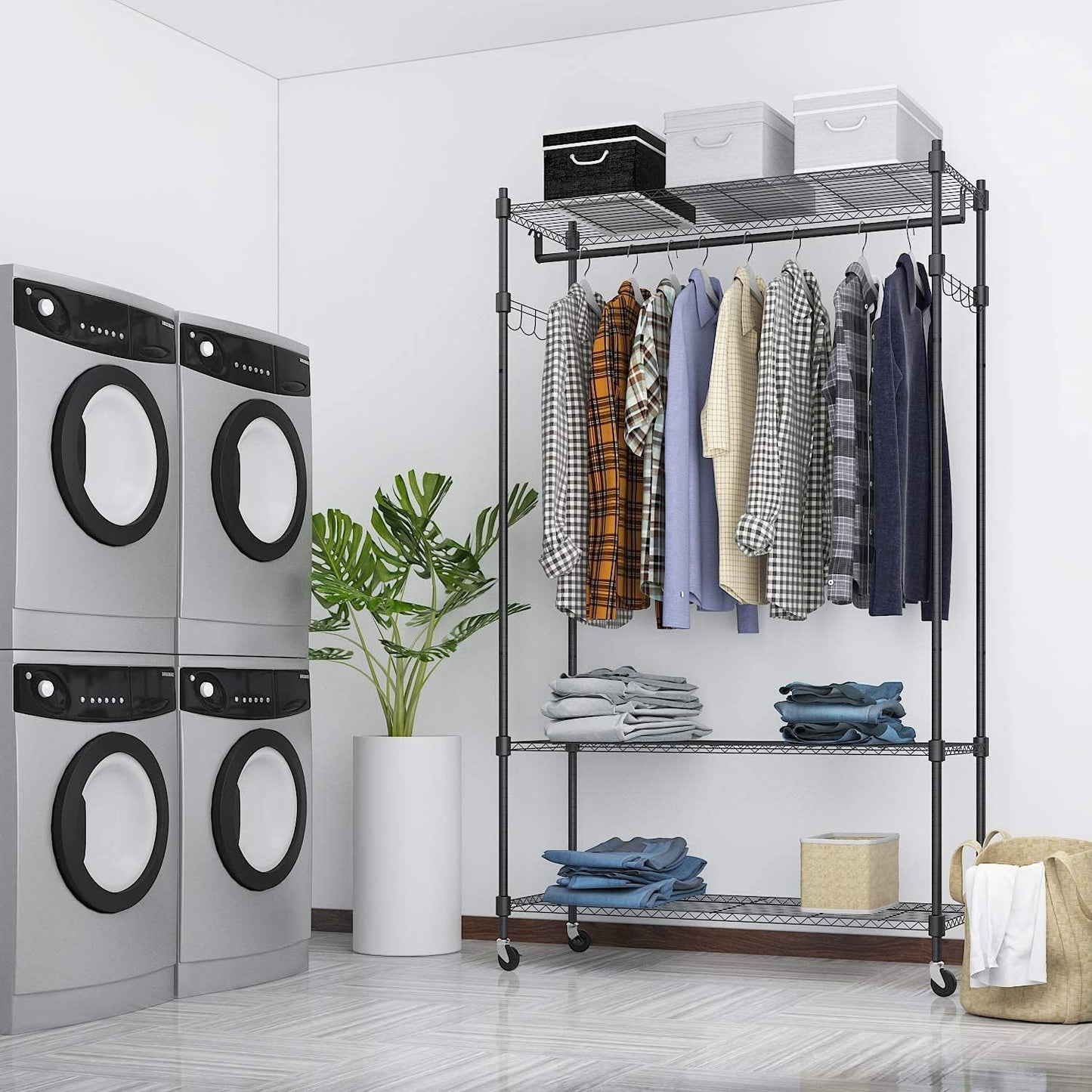 BATHWA Rolling Garment Rack with Adjustable Wire Shelf, 3 Tired Clothes Rack including 1 Clothes Hanging Bar, 1 Roating Hanger Hooks - Hold Up to 400Lbs (Black, 1Rod 1Hook)