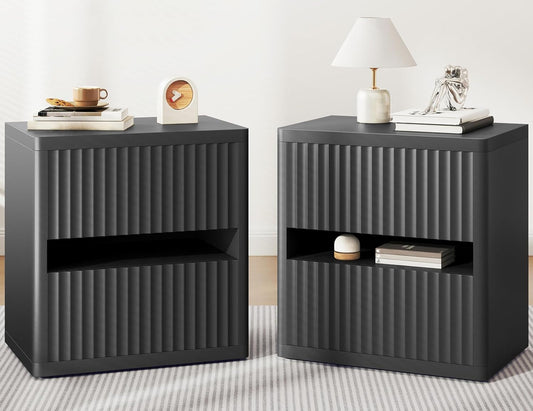 Dripex Fluted Nightstand with 2 Drawers, Large Wide Wood Night Stand Bedside Tables for Bedroom, Mid-Century Modern Storage Bed Side Table, End Tables for Living Room Sofa Couch, Black, Set of 2