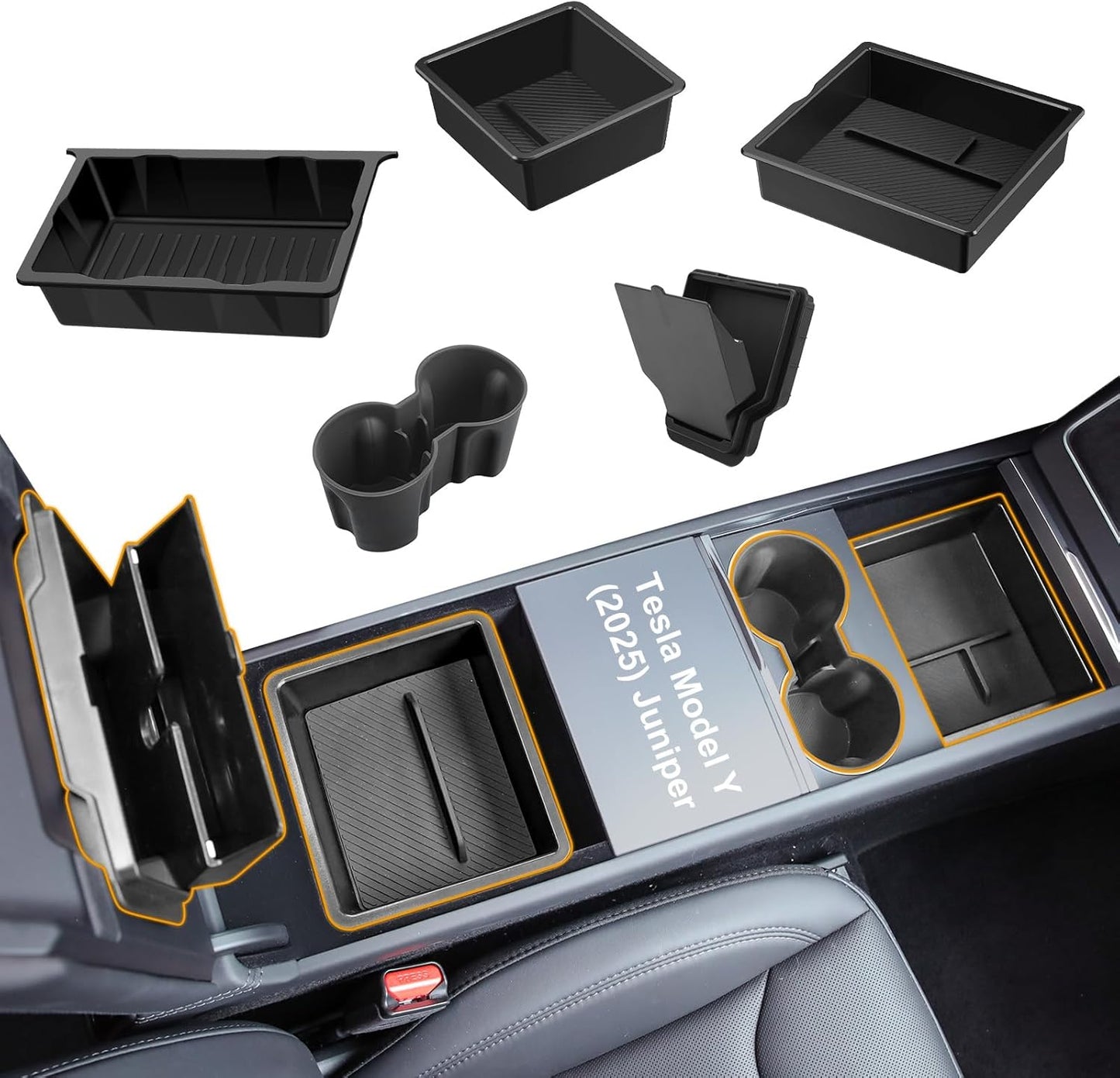 5PCS Center Console Organizer Tray for Tesla Model Y Juniper 2025 2026 Accessories Underseat Armrest Storage Cup Holder Hidden Compartment for Family Travel Kids Daily Commute Road Trips