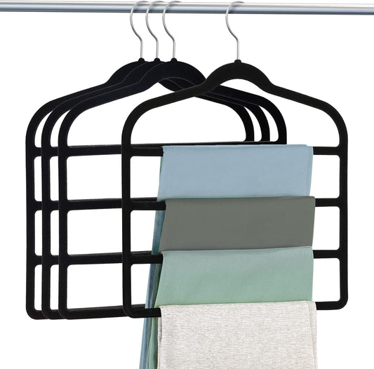 Velvet Hangers Space Saving Non Slip Pant Velvet Hangers, DUDUCOFU 4 Pack Black Multi Layer Clothes Hangers Closet Organizer for Pants Trousers Scarf