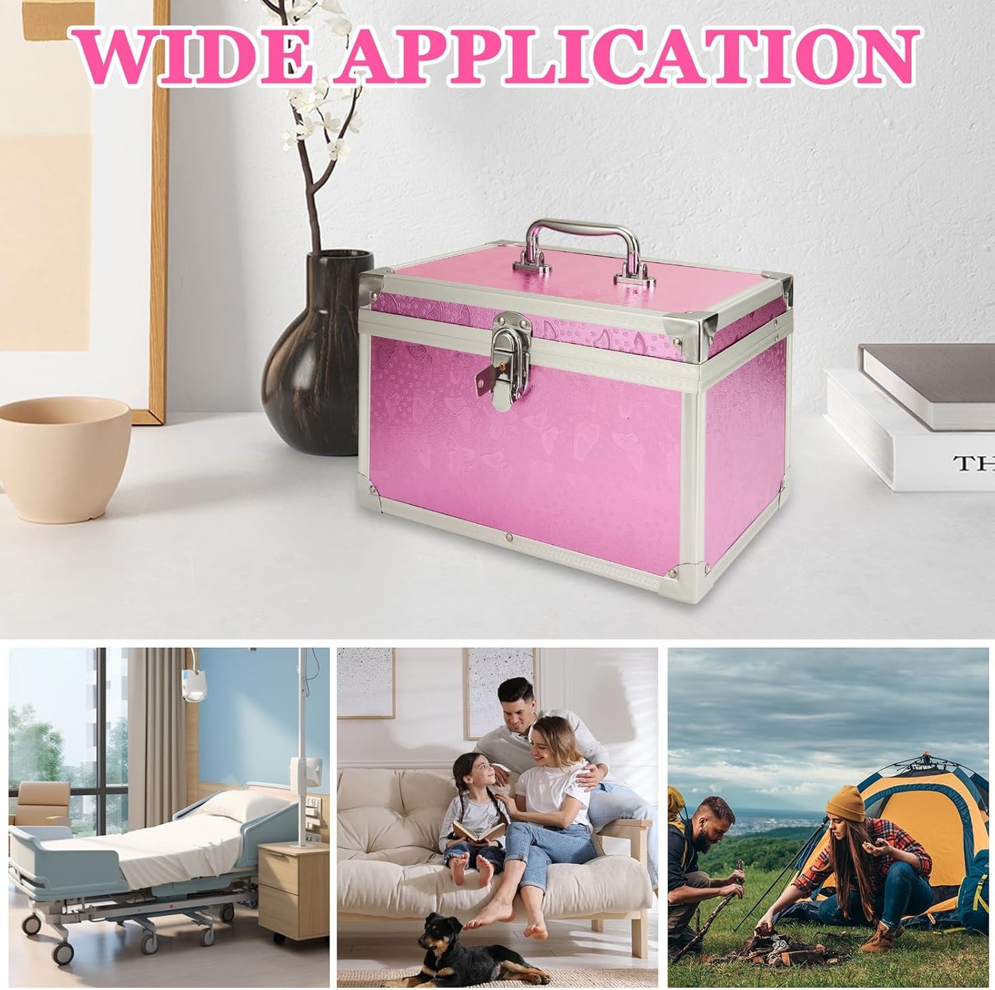 12 x 7 x 7.5 Inch Medication Lock Box with Key, Locking Box with Portable Storage Case, Security Lock Boxes Medicine Storage Box for Cash, Medicine, Documents and Valuables - Pink