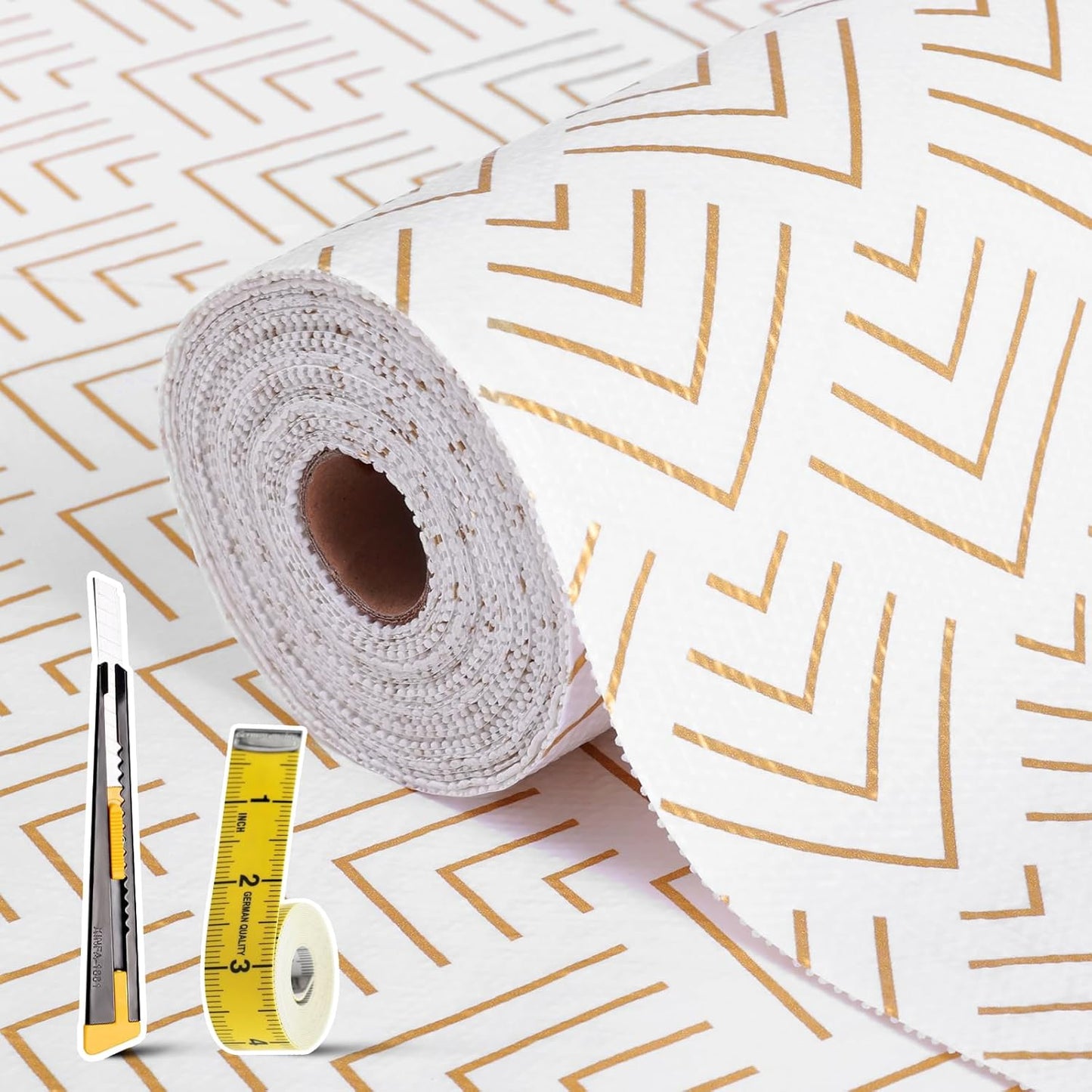 Shelf Liner for Kitchen Cabinets Non Adhesive Drawer Liner Non-Slip Thickened Shelf Liner Paper Strong Easy to Clean for Tool Box Refrigerator with Knife and Tape Measure, Gold Arrow, 17.3 x 354.3 in