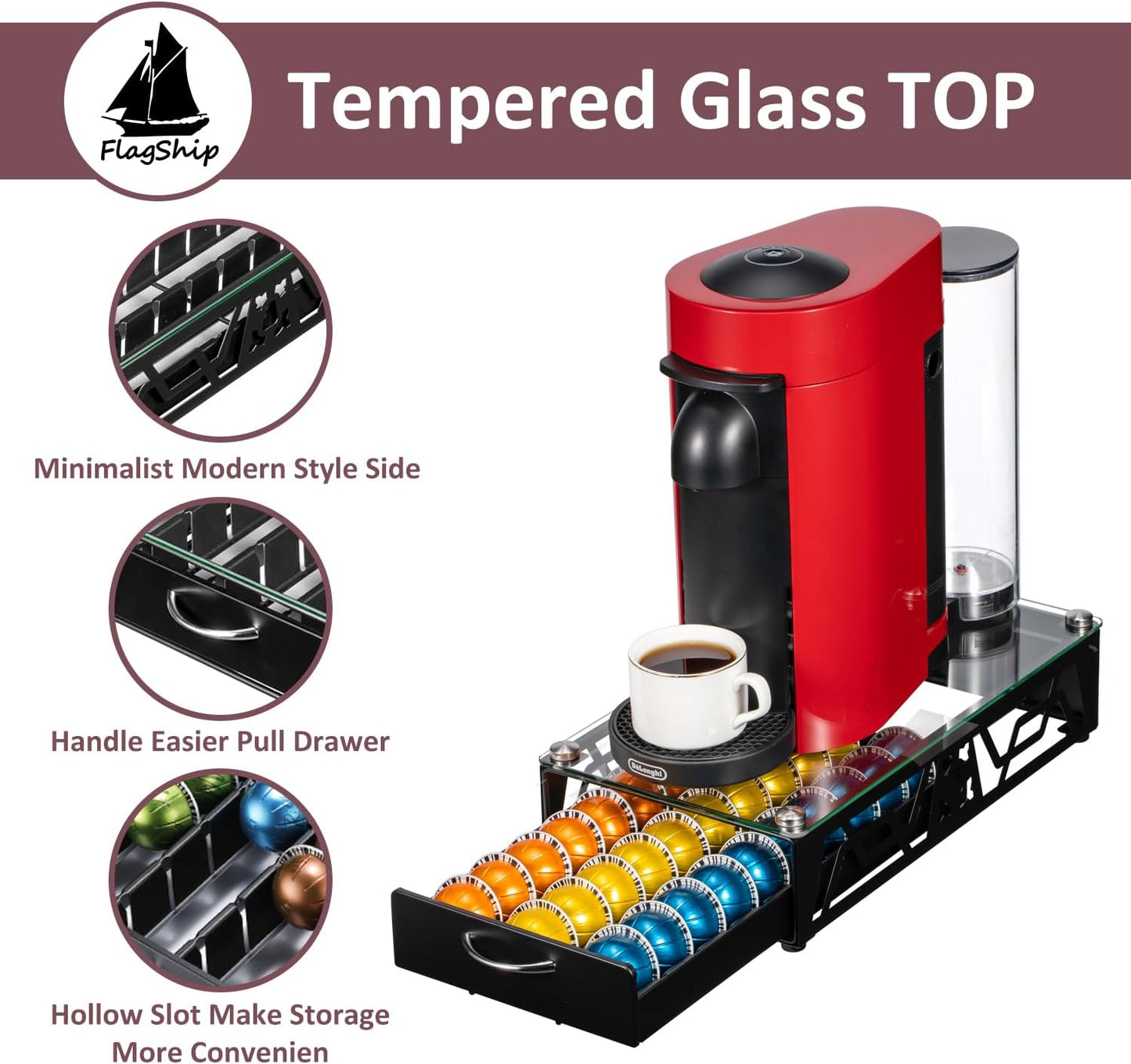 FlagShip Vertuo Pod Drawer Glass Top Coffee Capsule Organizer & Space-Saving for Nespresso Pod Holder Coffee Machine Stand(30 Vertuo Pods Capacity)