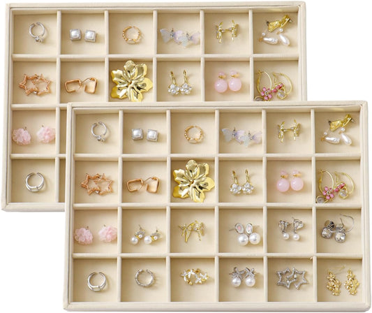 Large Velvet Jewelry Tray 2 Pack Stackable Jewelry Display Drawer Inserts Trays Organizer for Earring Bracelet Necklace Ring (Beige, 24 Grids)