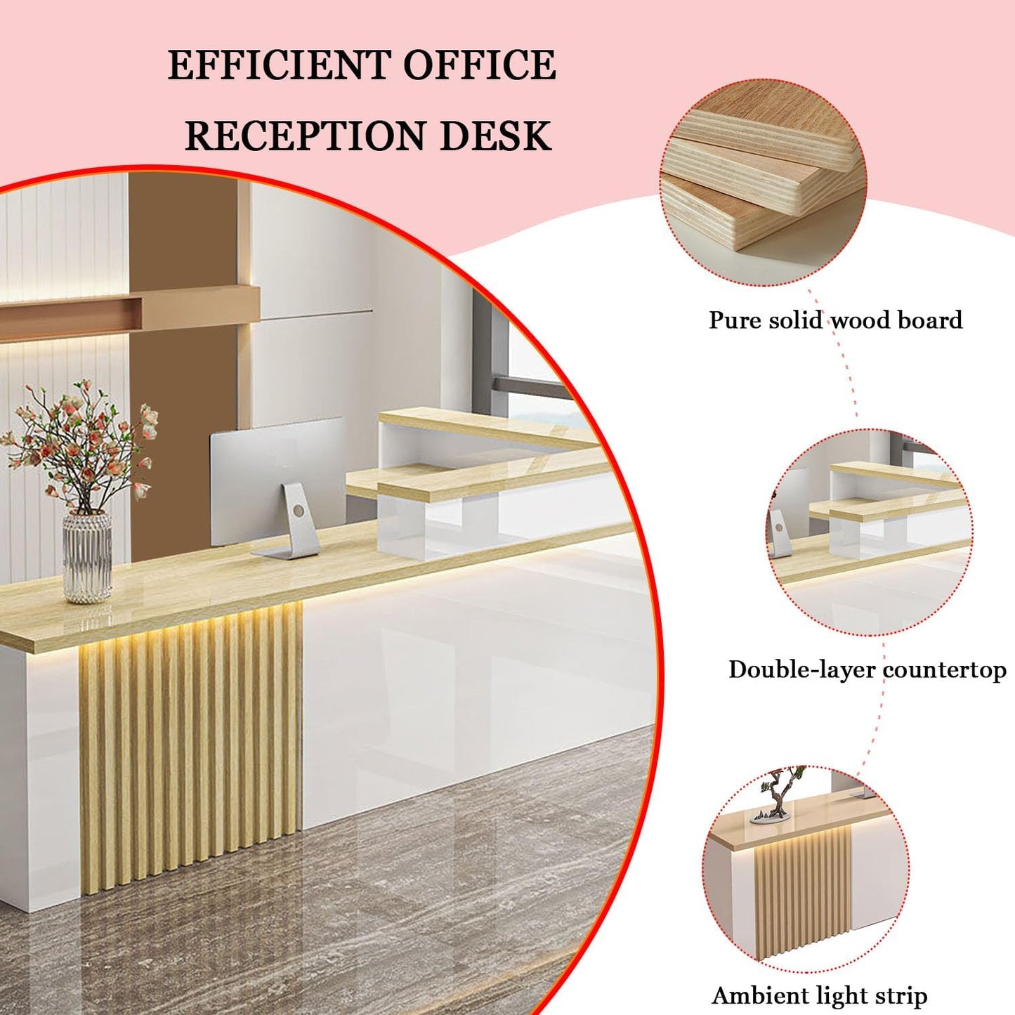 Receptionist Desk with LED Light，Wooden Salon Checkout Counter with Storage Drawer & Keyboard Tray Modern L-Shaped Reception Desk for Barbershop Office Company Store