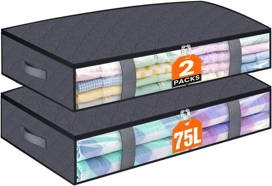 Under Bed Storage Containers, 2 Pack Blanket Storage Bags, Collapsible Storage Bags with Big Zippers, Clear Front, Shoe Storage and Organization for Clothes, Comforter, 75L, Grey