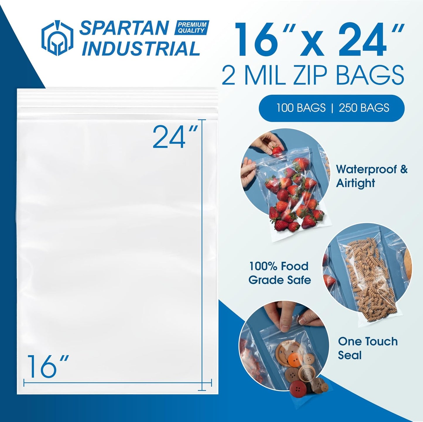 Spartan Industrial - 16” X 24” (250 Count) 2 Mil Clear Reclosable Zip Plastic Poly Bags with Resealable Lock Seal Zipper