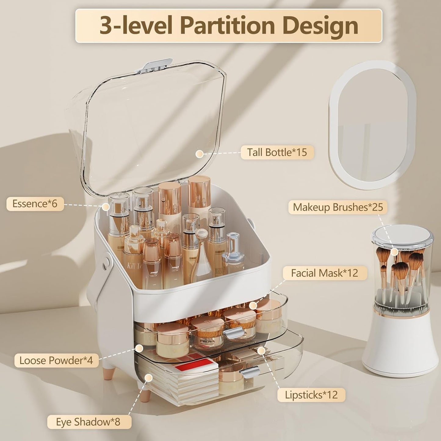 Makeup Organizer Countertop & Makeup Brush Holder with Lid 360 Rotating Clear Dustproof Skincare Holder for Vanity Bathroom Countertop, Ideal Gifts for Women, Transparent, Silver