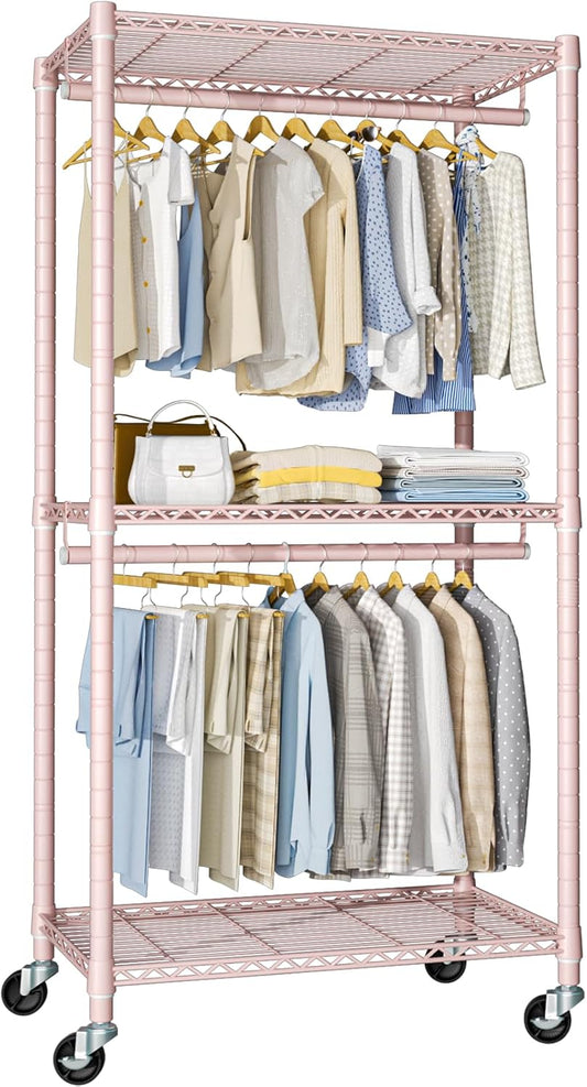 FUTASSI P1 Medium Heavy-Duty Portable Closet, 30" W x 14" D x 76" H, Metal Rolling Clothing Rack, Pink