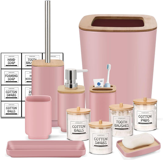 IMAVO Bathroom Accessories Set,Pink Bathroom Set,11 Pieces Bathroom Accessory Set,Trash Can for Bathroom Accessories Décor and Housewarming Gifts