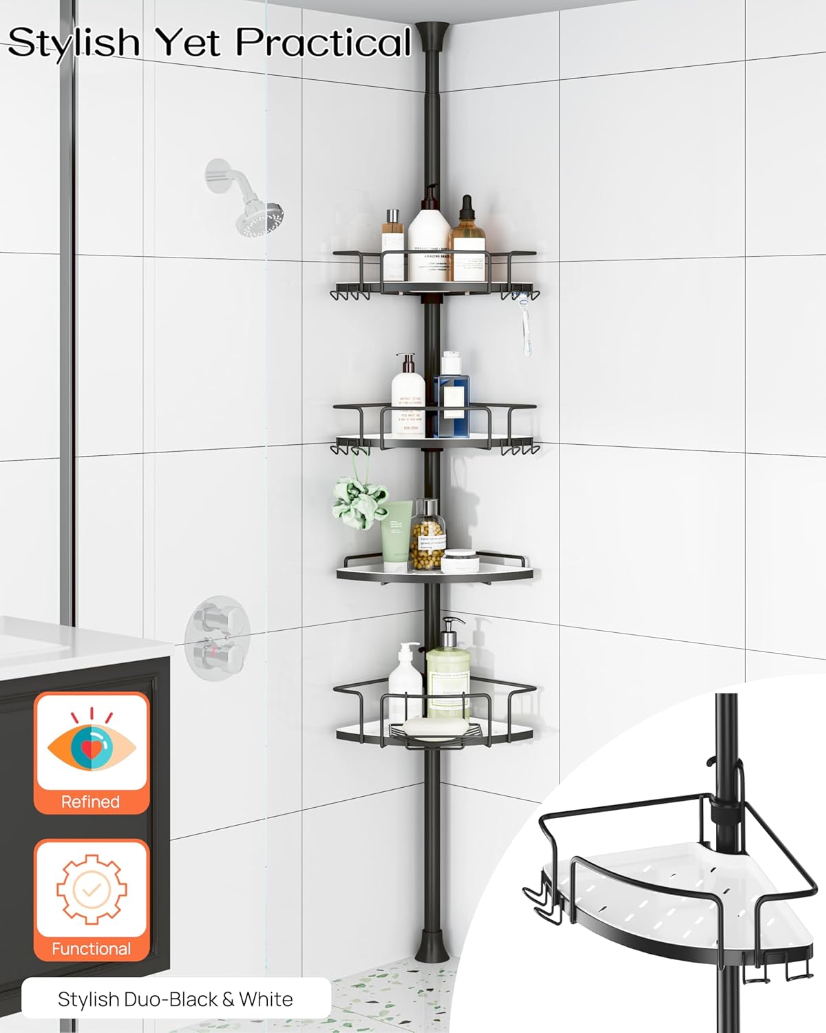 ALLZONE Corner Shower Caddy Tension Pole – Rust-Free Stainless Steel Shower Organizer with Adjustable Storage Shelves, Drill-Free Installation, Quick Setup, Extends from 34 to 116 Inches