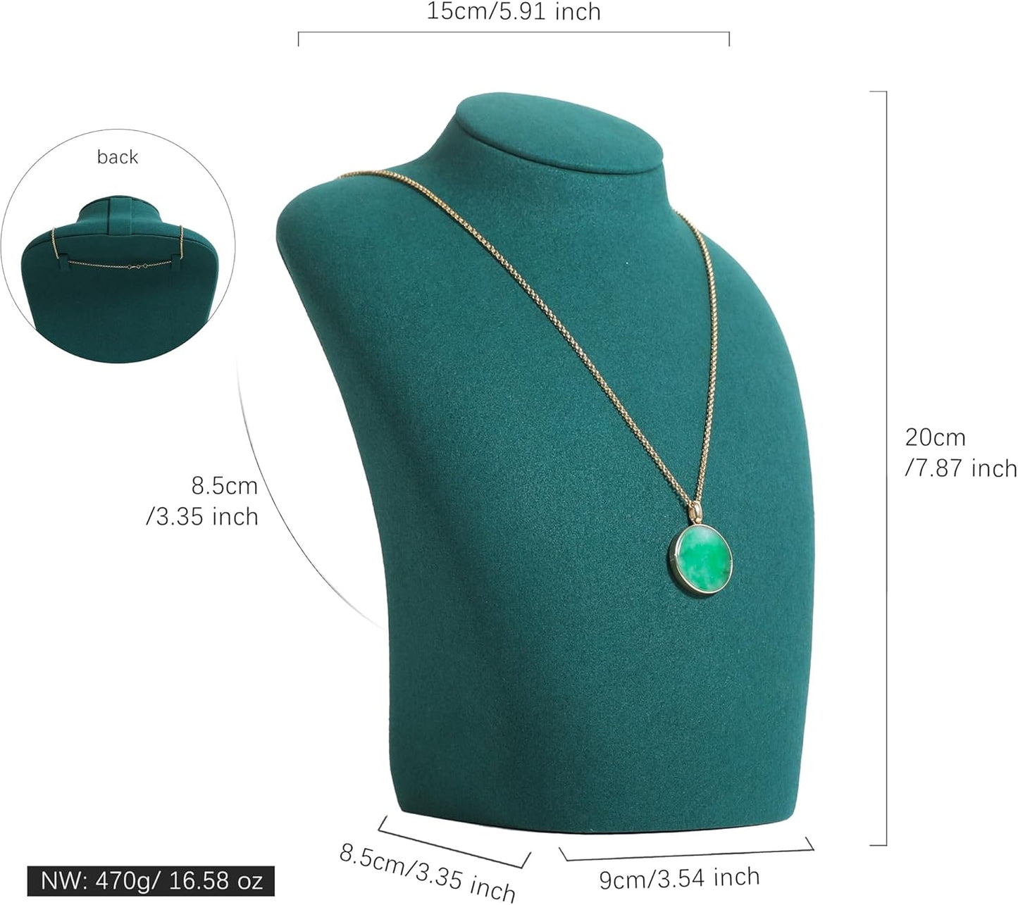 GemeShou Green necklace hanger jewelry organizer, Velvet jewelry stand necklace holder, jewelry mannequin bust for necklaces, Jewelry boutique store photography props【Green-Medium height 7.87 inch】