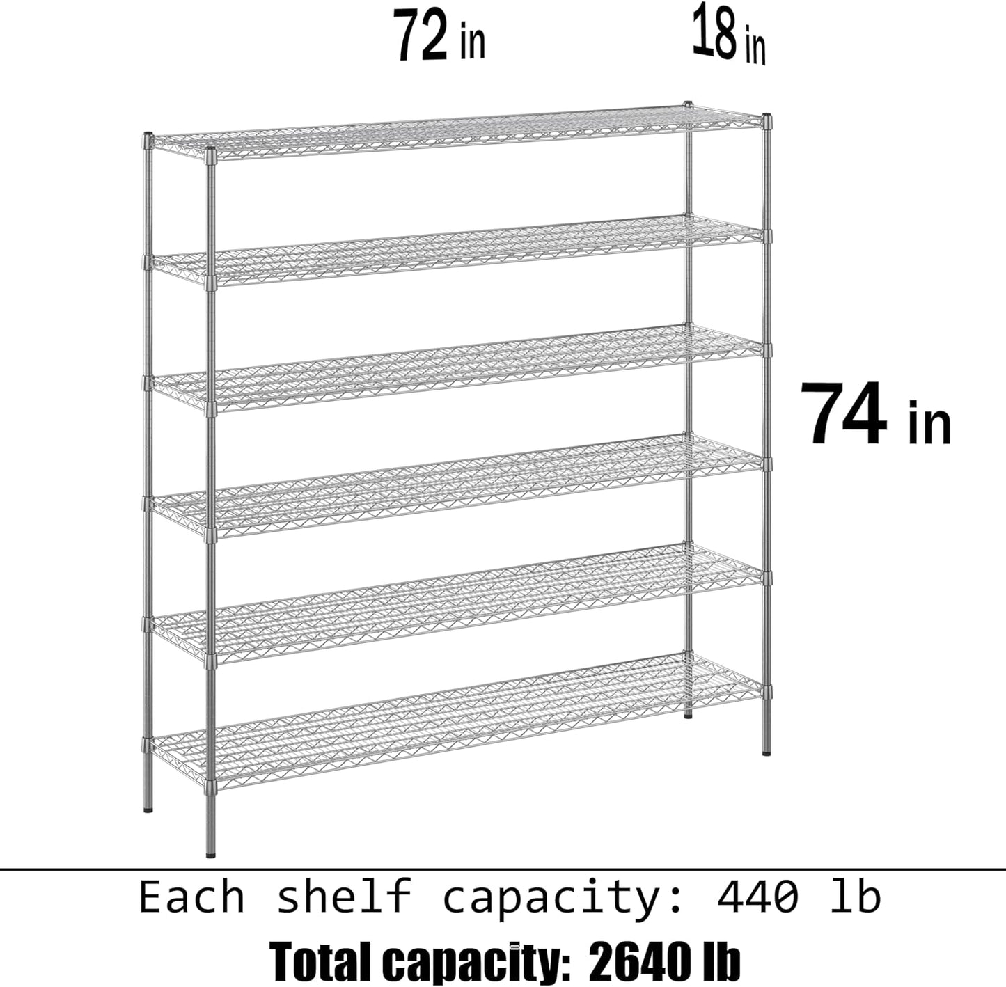 18" Deep x 72" Wide x 74" Height Wire Shelving Kit | 6-Tier | NSF Commercial Storage Rack Unit