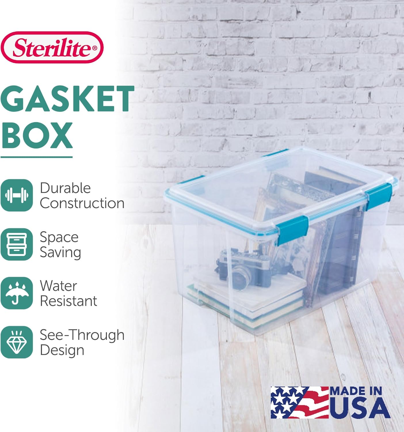 Sterilite 4-Pack Gasket Box, Weather-Resistant Storage Bins with Latching Lids, 54 Quart - Heavy-Duty Organizing Containers for Closet, Bathroom, and Office