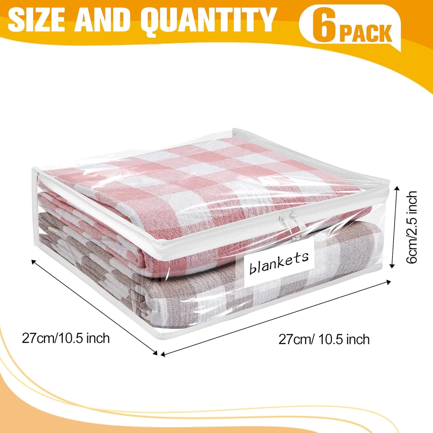Plastic Storage Bags with Easy-Glide Zipper, Pack of 6, Durable Clear Vinyl Zippered Storage Bags for Clothes Sweaters Comforters Blankets Sheets Bedding (10.5 x 10.5 x 2.5 Inch)