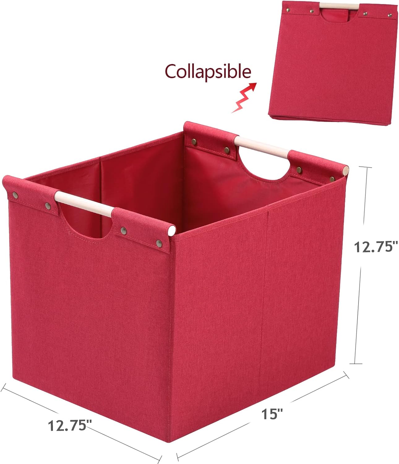 HOONEX Large Collapsible Storage Bins, Linen Fabric, Pack of 2, Storage Baskets with Wooden Carry Handles and Sturdy Heavy Cardboard, for Home, Office, Car, Nursery, Red