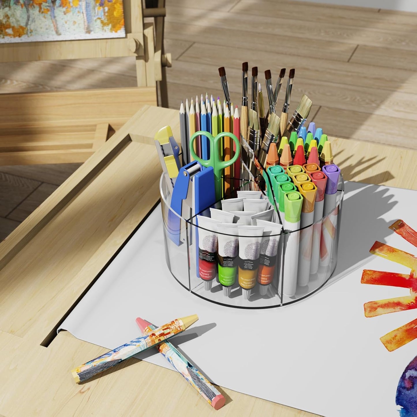 Acrylic Pen Holder, 360 Degree Rotating Pen Organizer, Rotating Desk Acrylic Office Organizer with 6 Compartments, Marker Organizer for Kid, Crayon Caddy School Art Supply Storage Organizer