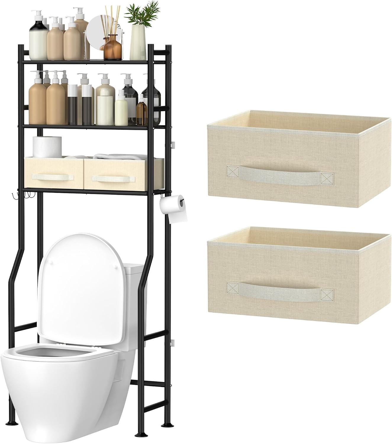 3 Tier Over The Toilet Storage Rack with 2 Basket, Metal Freestanding Bathroom Shelves Toilet with Paper Holder and 4 Hooks, Over Toilet Storage Shelf for Bathroom Storage, Black