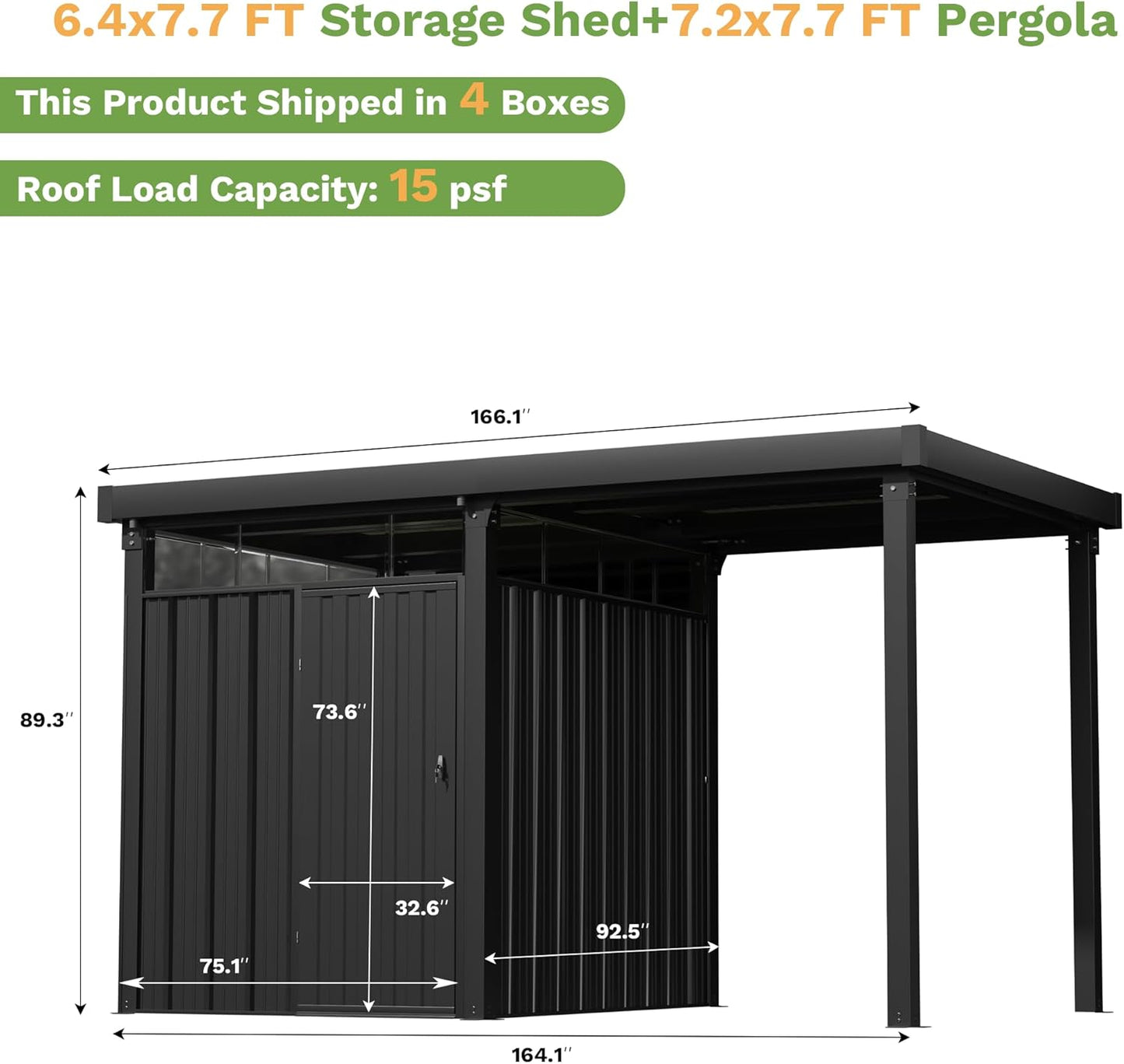Greesum 2-in-1 Outdoor Storage Shed & Gazebo, 7x8FT Metal Lockable Shed and 7x8FT Open-Sided Pergola, Gutter Design and Transparent Window, for Patio, Garden, Backyard, Gray