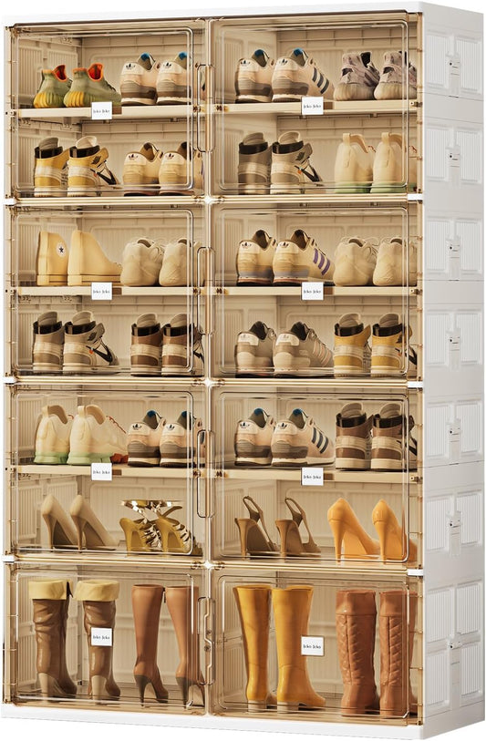 JEKO&JEKO 7 Tiers Foldable Boot and Shoe Storage Rack Cabinet for Closet Entryway, Large Collapsible Shoe Organizer with Magnetic Doors (White)