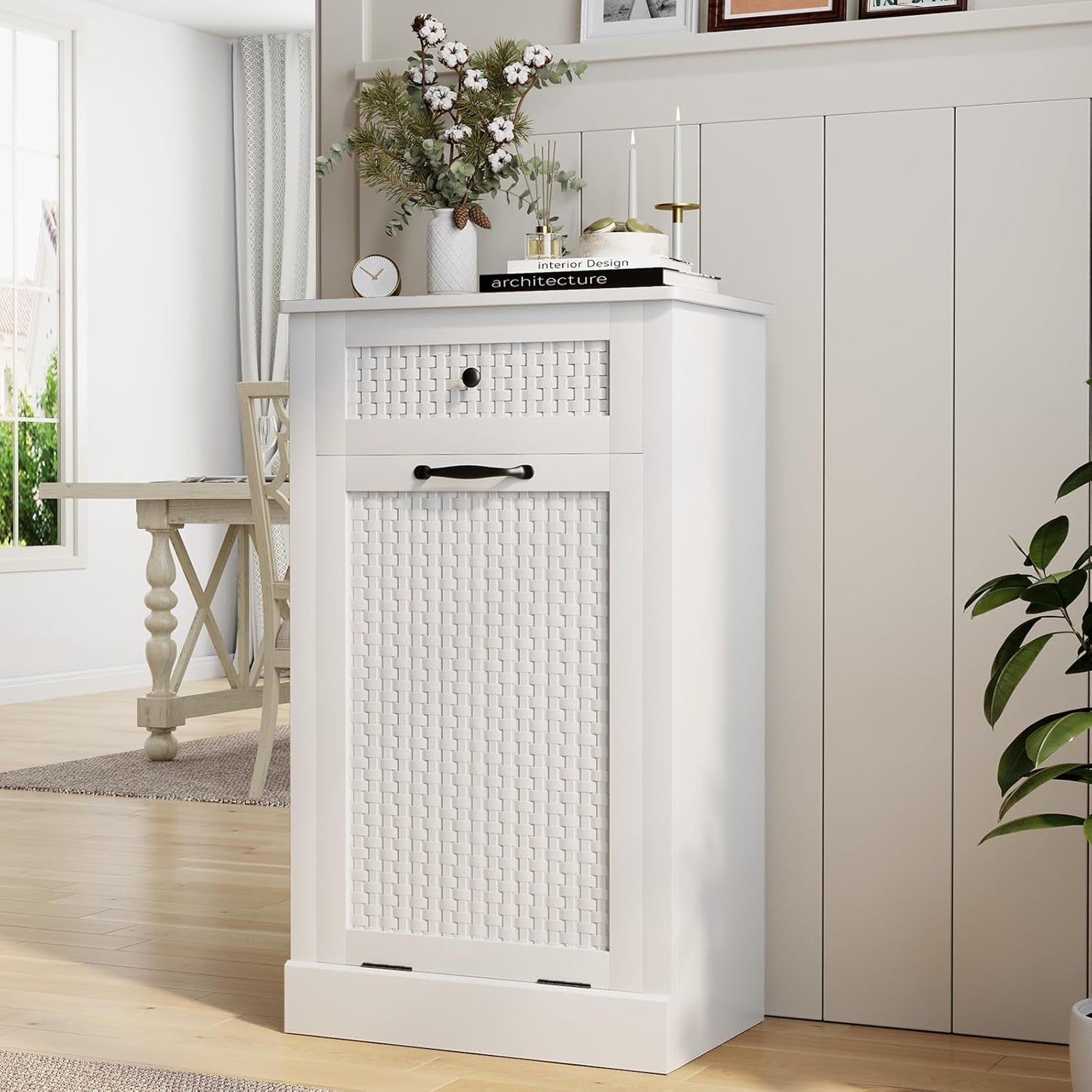 Tilt Out Laundry Hamper Cabinet,10 Gallon Laundry Cabinet with Drawers ＆ Hidden Baskets, Farmhouse Laundry Storage Basket for Laundry Room, Bathroom, Kitchen, White
