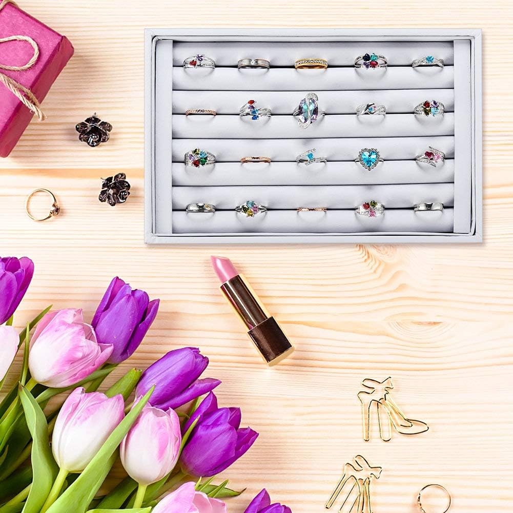 Valyria Velvet 7 Slots Ring Earrings Trays Showcase Display Jewelry Organizer (White PU Leather)