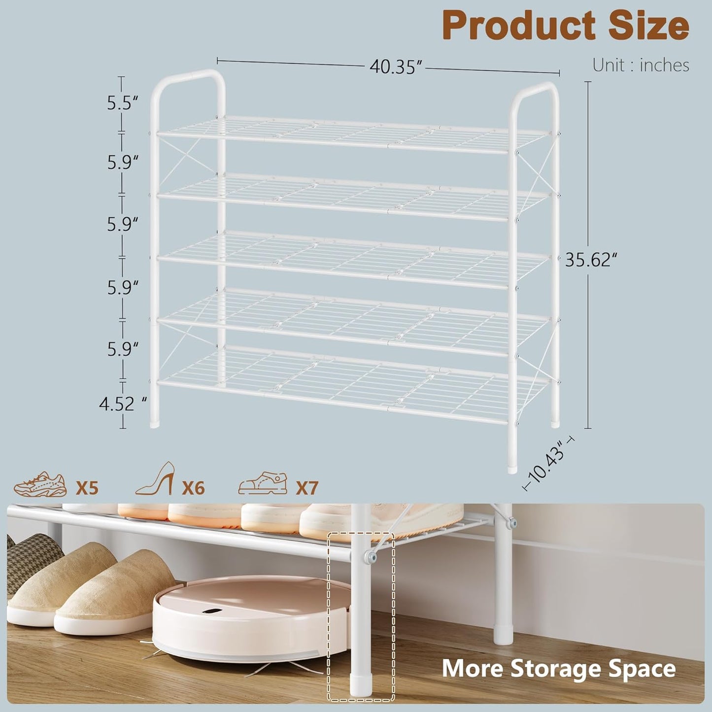 Hoctieon 5 Tier Shoe Rack for Closet, Durable Mesh Style Shoe Rack, Entryway Shoe Shelf, Shoe Storage Organizer for Hallway, Bedroom, Living Room, Wardrobe, White