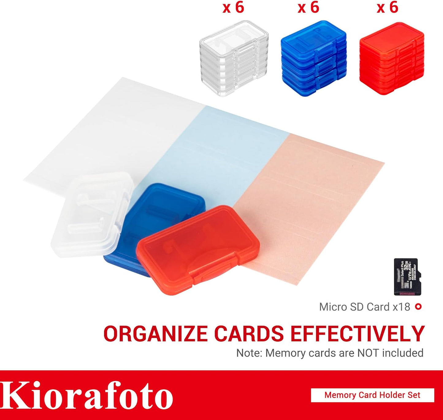 Kiorafoto 18 PCS Multi-Color Clear Plastic Memory Card Holder Case for 18 Micro SD SDXC SDHC TF Cards, Transparent MicroSD MSD Memory Card Case Storage Organizer with Labels