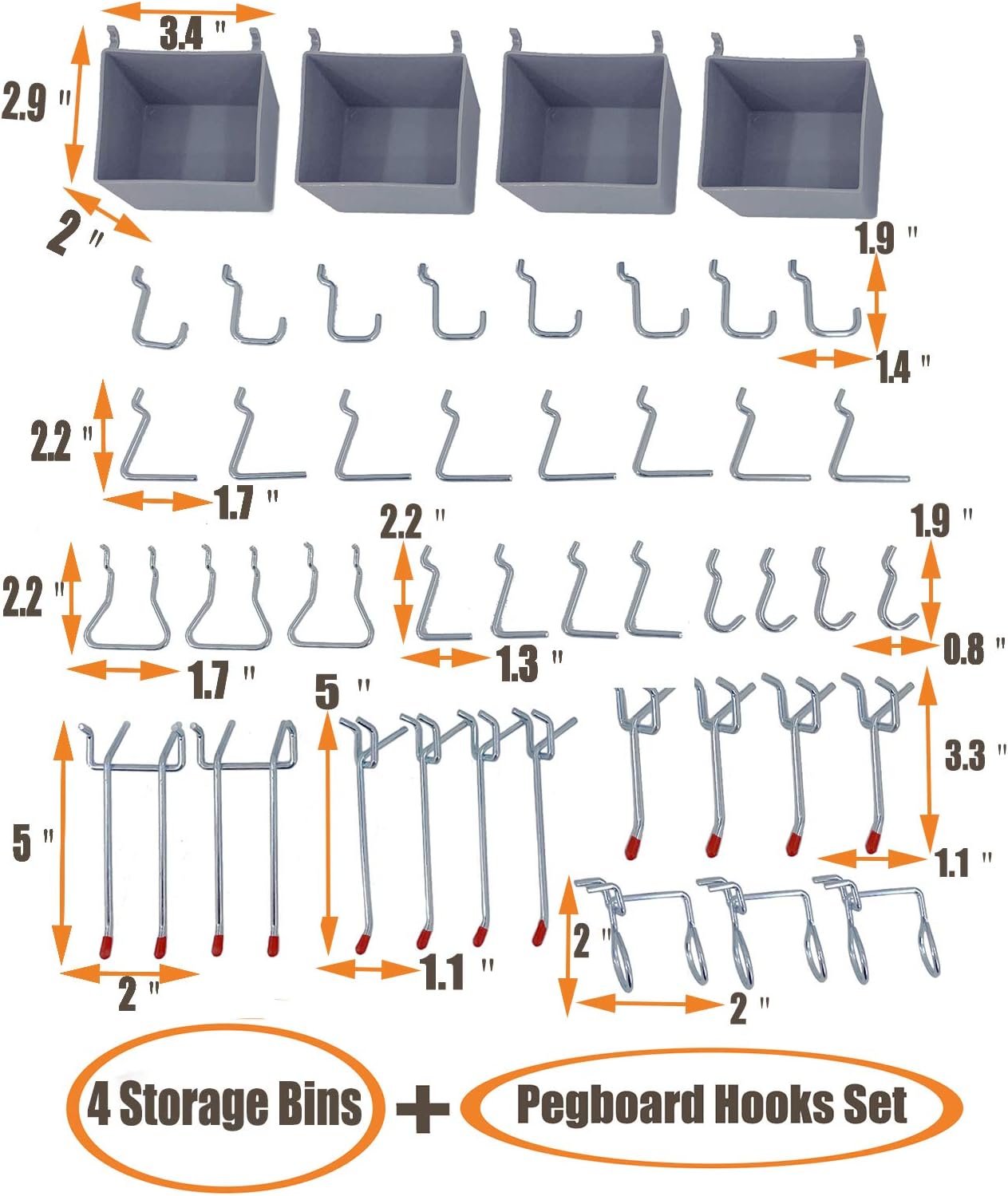 Wallmaster Pegboard Organizer Garage Storage - 48pcs Pegboard Hooks Set, Pegboard Tool Organizer with 48x24 Inch Steel Peg Board & 4 Storage Bins (Black)