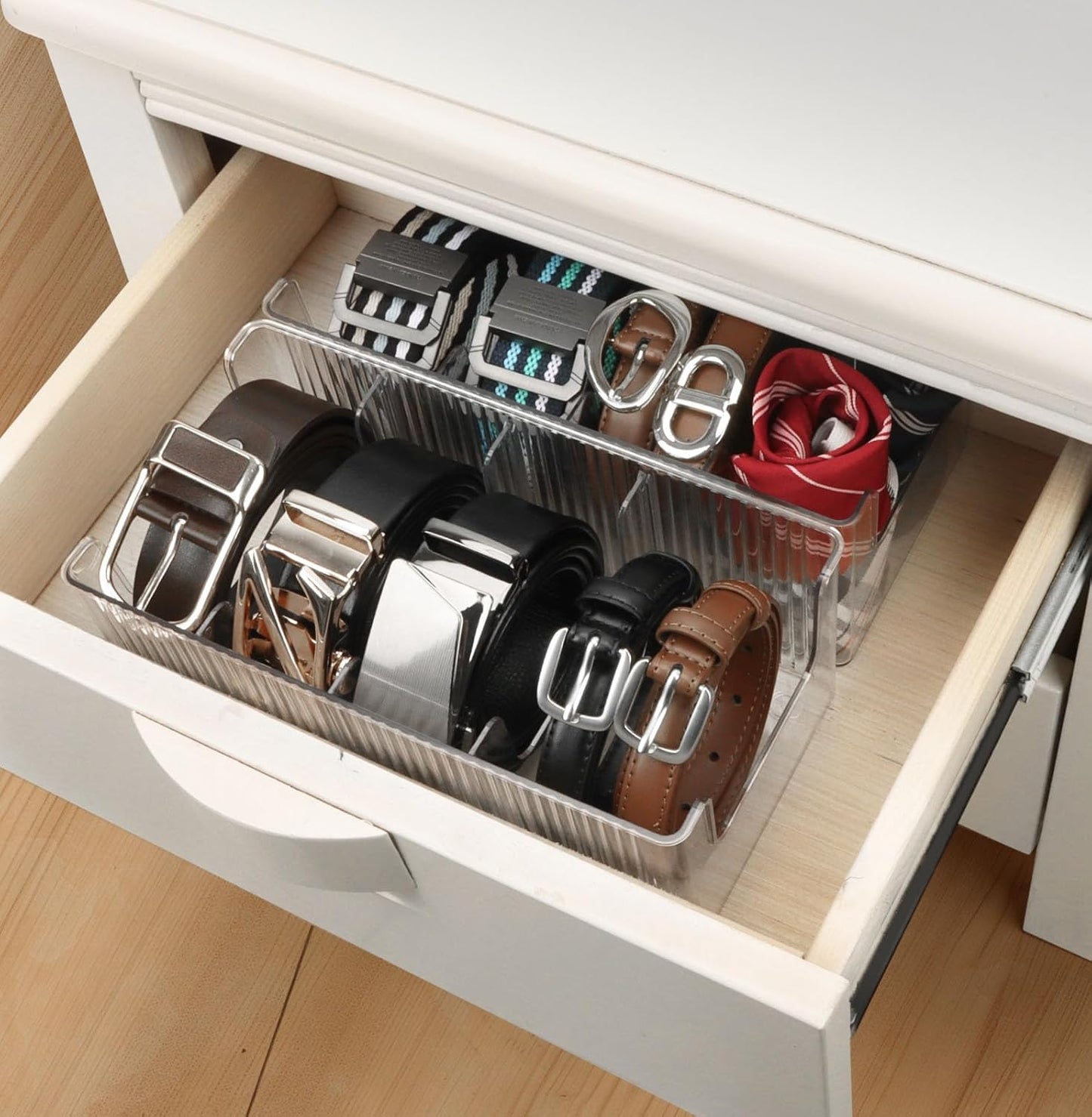 Acrylic Belt Organizer - 2 Pack with Adjustable 4 Compartments & Stackable Design, Clear Storage for Closet and Drawer Organization
