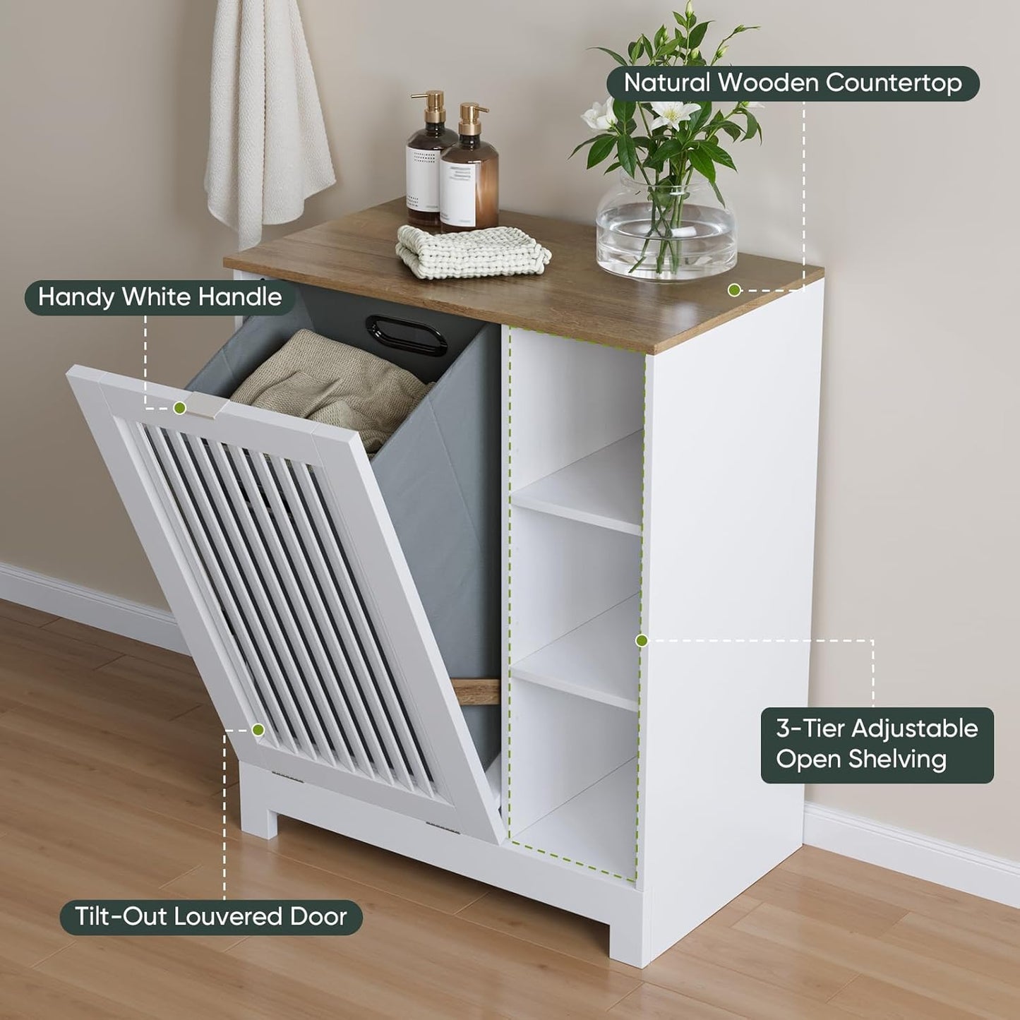 Tilt Out Laundry Hamper Cabinet with Louvered Door, Canvas Basket and 3 Open Side Shelves, Hidden Trash Can Cabinet, Ideal for Laundry, Kitchen, Bathroom, White