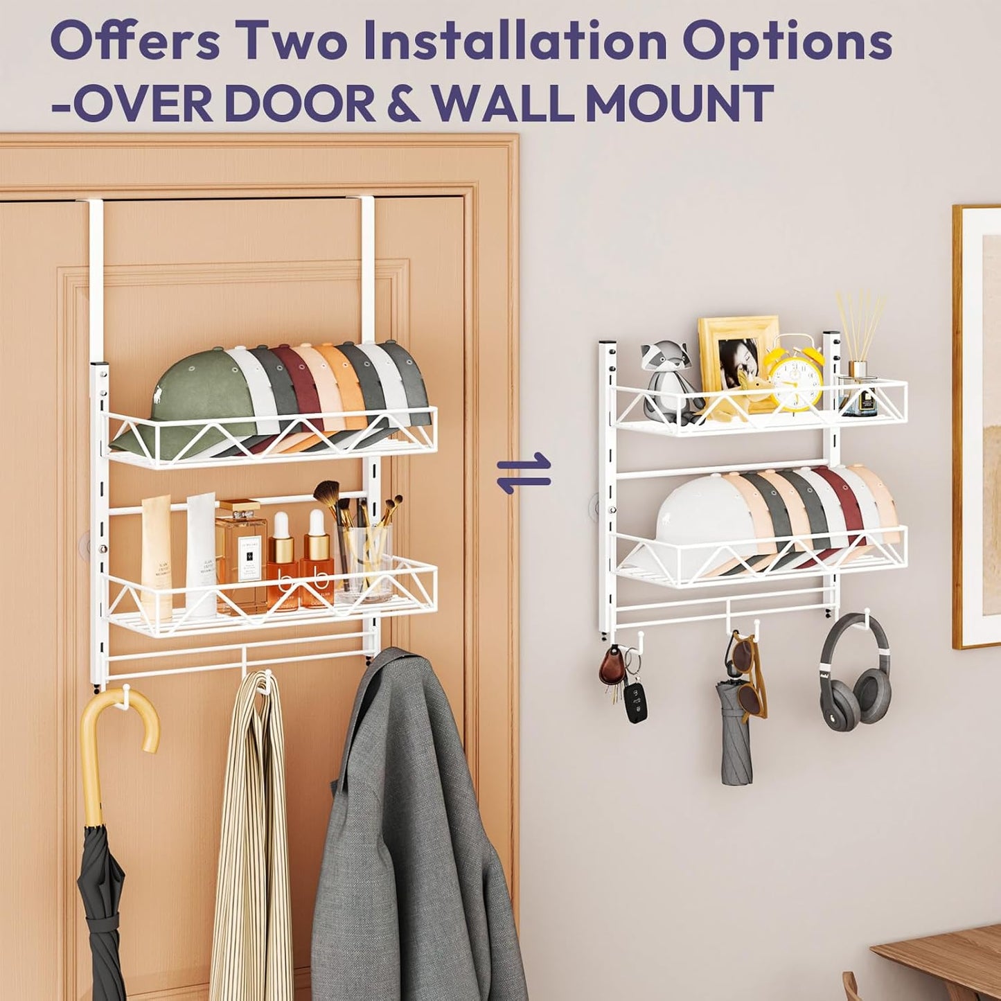 SWTYMIKI Over Door Hat Organizer - 3 Tier Wall Mounted Hat Rack with 2 Adjustable Metal Basket and 3 Hooks, Hanging Baseball Cap Organizer Storage Holds up to 29 Caps for Door, Bedroom, Closet