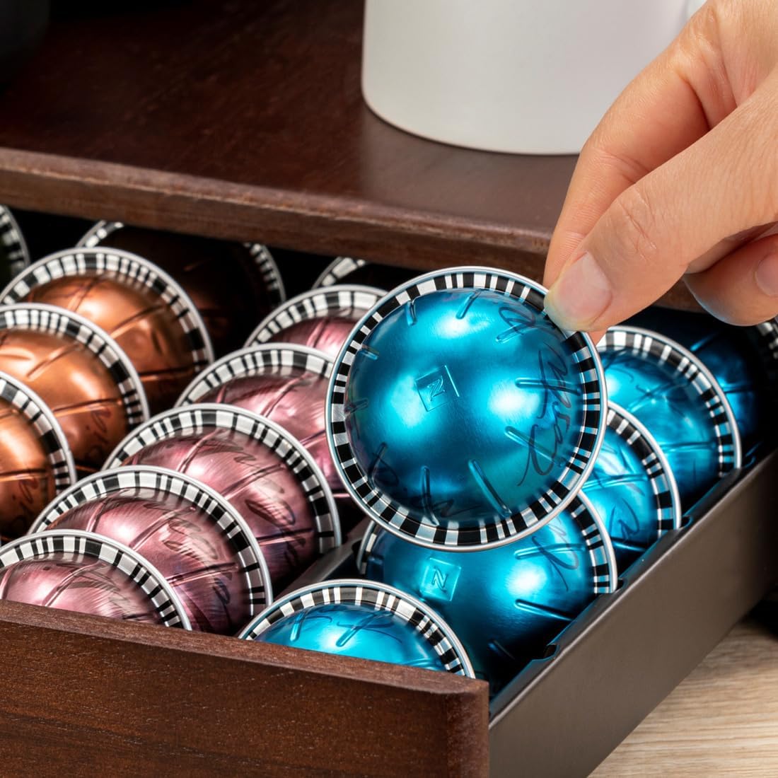 FlagShip Nespresso Vertuo Pod Drawer Storage - Elegant Wood Frame, 50 Pod Capacity