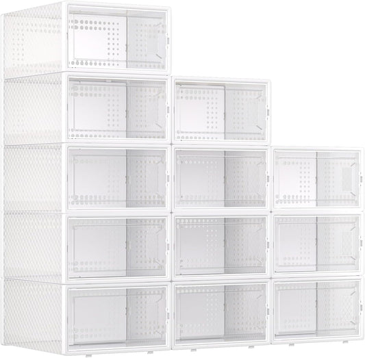 Large Shoe Storage Boxes Organizers Clear Plastic Stackable 12 Pack Fit Size 9, Shoe Rack & Holder Substitute, Sneaker Containers, Toy Storage Organizer Bins for Entryway, Closet, Under Bed