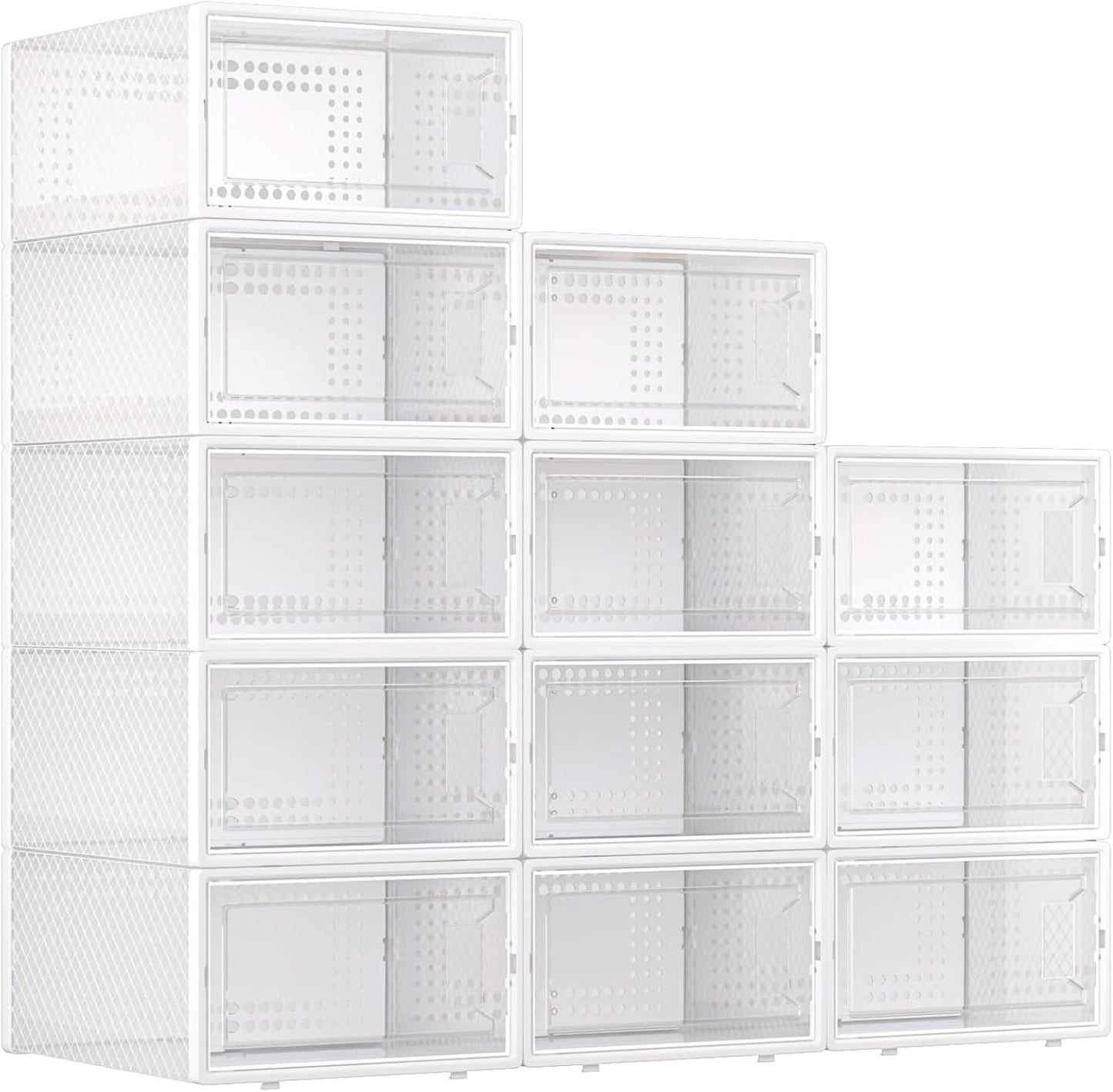X-Large Plastic Clear Shoe Storage Boxes Stackable 12 Pack Fit Size 11, Shoe Rack & Holder Substitute, Sneaker Containers, Toy Storage Organizer for Entryway, Closet, Under Bed (White)