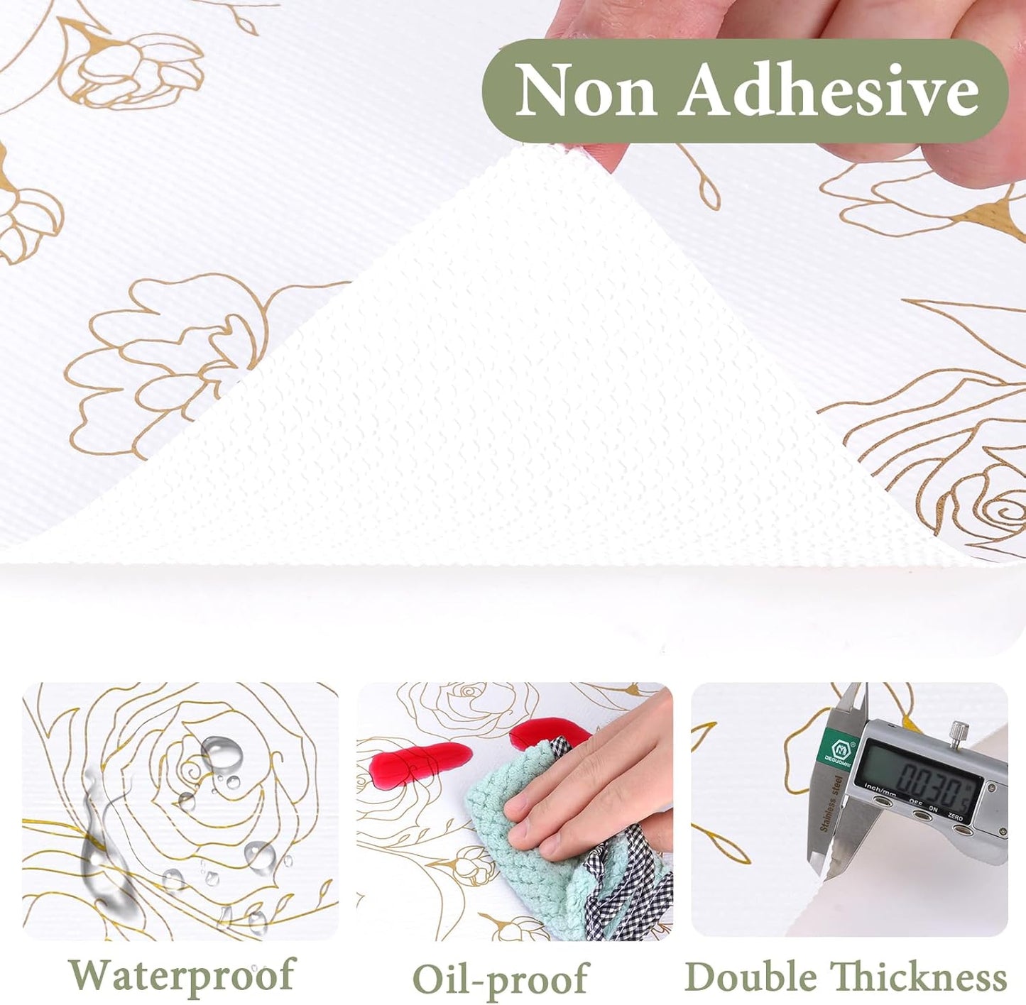 Shelf Liners for Kitchen Cabinets 17.5in x 30FT Non Adhesive Drawer Liner Gold Floral Thickened Shelf Liner Paper Strong Non-Slip Easy to Clean for Tool Box Refrigerator with Knife and Tape Measure