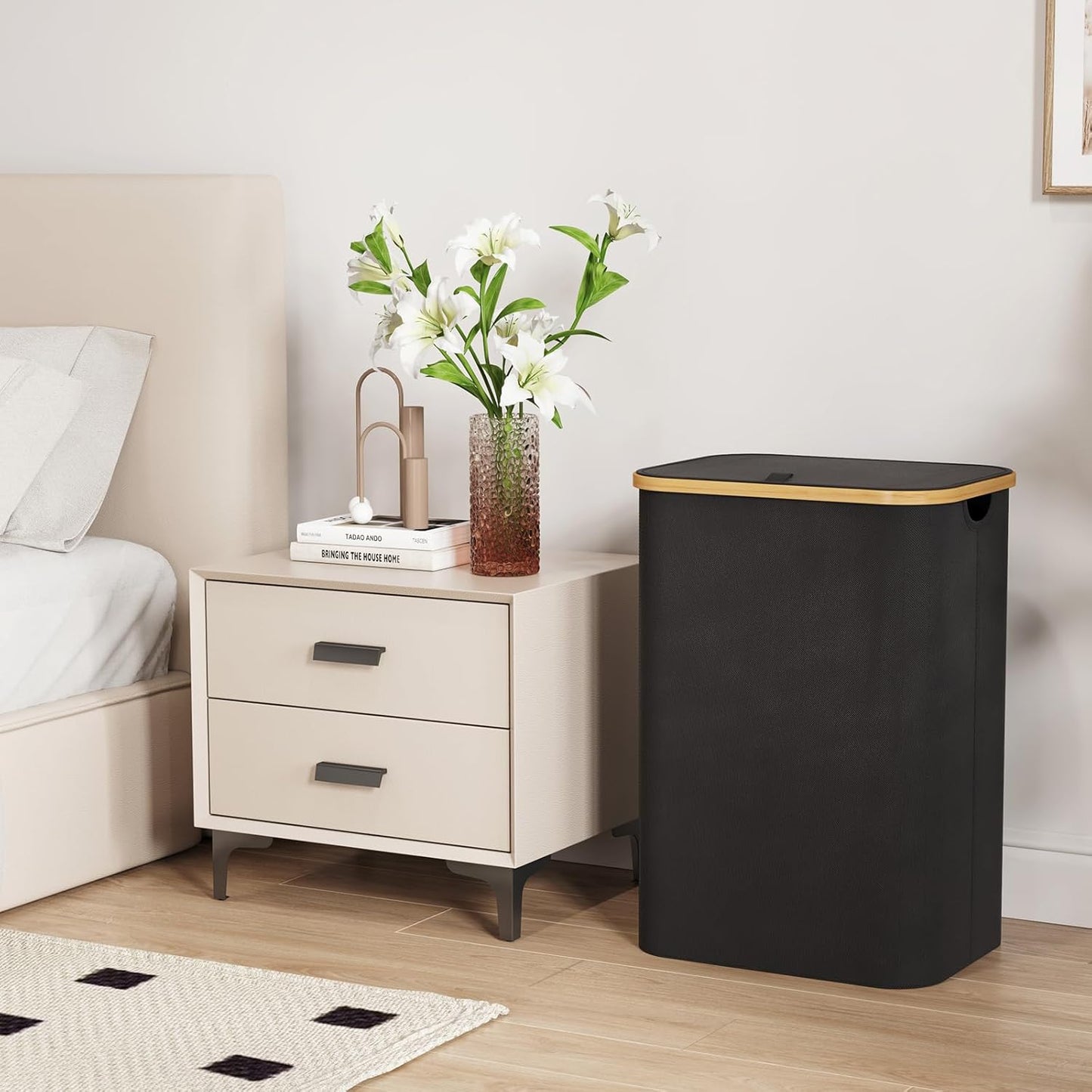 Lifewit 80L Laundry Basket with Lid, Clothes Hampers with Bamboo Handles and A Removable Laundry Bag, Large Foldable Hamper for Bedroom, Bathroom, Dorm, LaundryRoom, Black