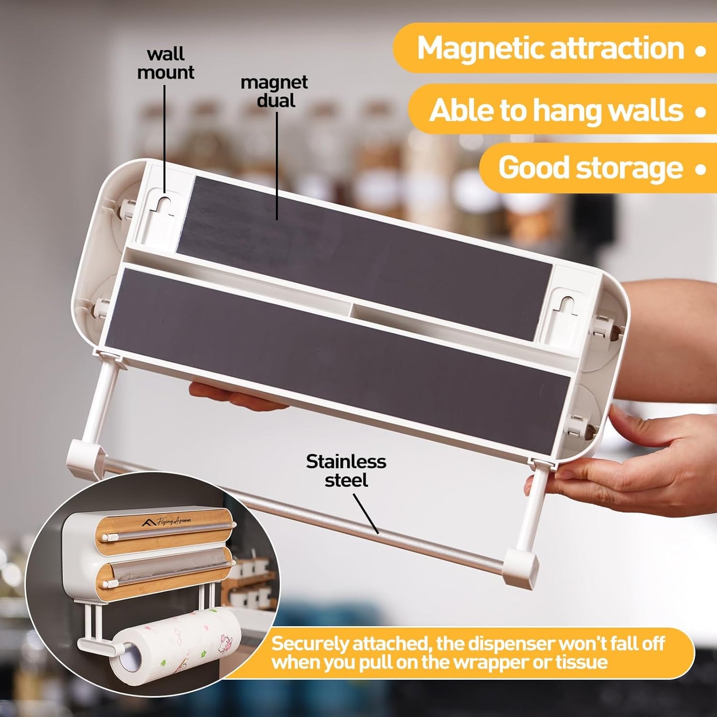 APSARAS USA Magnetic Plastic Wrap Dispenser with Cutter, 3 in 1 Aluminum Foil wrap Organizer, Practical Refillable Cling Wrap Film Cutter, Wall Mount Kitchen Wrap Dispenser, Include 2 * 12" Rolls