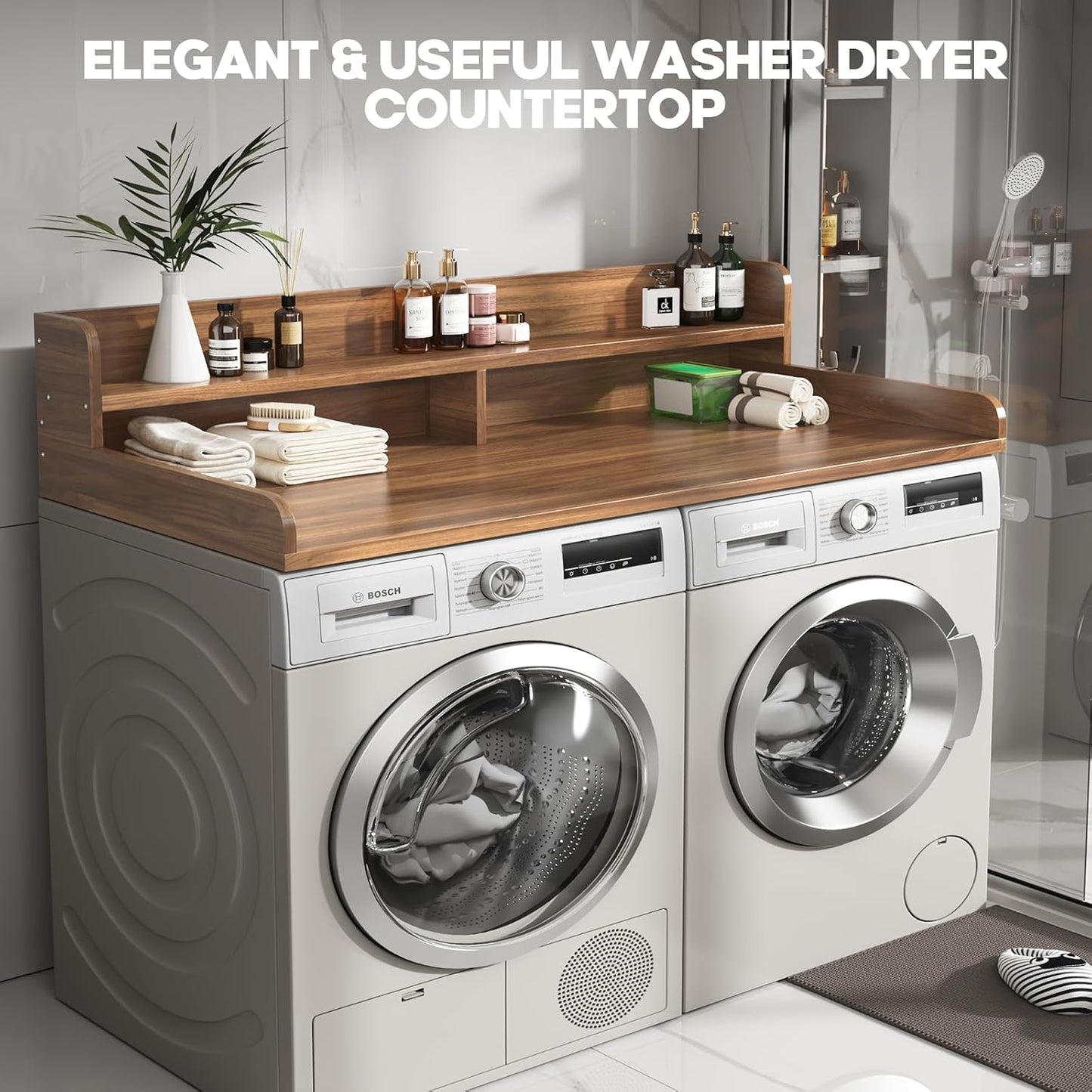 2-Tier Washer and Dryer Countertop,2.75" H Guard,58" W x 28" D Laundry Countertop Cover with Non-Slip Pad,Large Space Laundry Topper for Folding Clothes Over Washer and Dryer-Dark Walnut