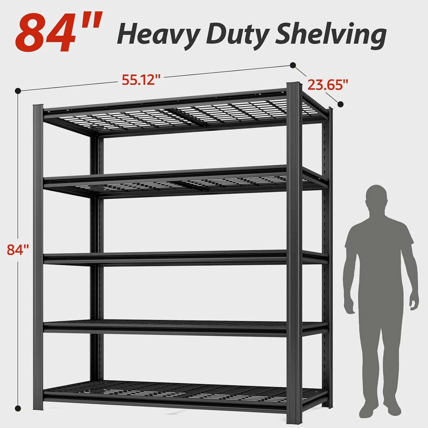 55.12" W Father&I 5-Shelf Industrial Adjustable Heavy-Dudy Tall Metal Garage Storage Shelves Shelving Units/Steel Wire Rack System (Commercial) for Basement/Shop, 84" H*55.12" W*24" D*, Black