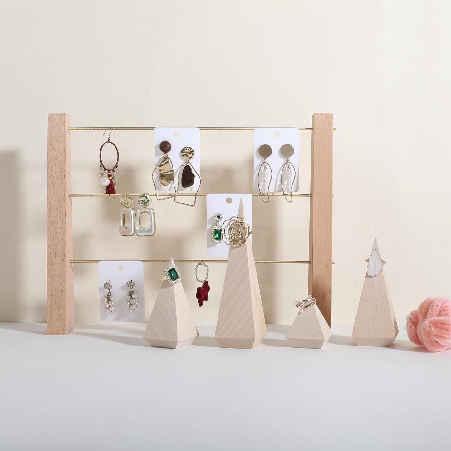 GemeShou 3 Tiers Beech Earring display stands for selling, Wooden Jewelry Shelf, Earring Storage Organizer, Brass earring holders with 42 holes for stud Dangle Hoop【Beech 3-Tier】
