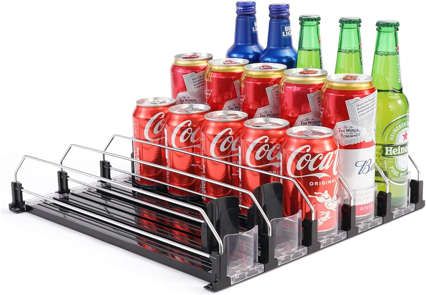 Drink Dispenser for Refrigerator, Self-Pushing Soda Can Organizer for Fridge, 5 Rows already Assembled, Automatic Can Dispenser with Spring Loaded for Refrigerator Holds 25 cans, Black
