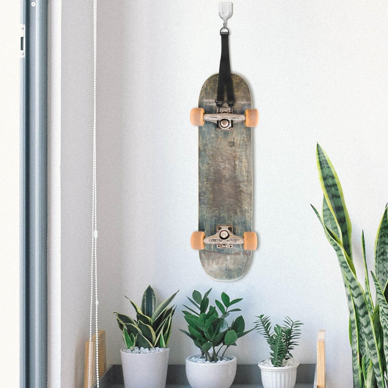 Skateboard Hanger: Skateboard Wall Display Storage Strap Over-The-Door Organizer Hook Fits Snowboard and Surfboard for Small Spaces