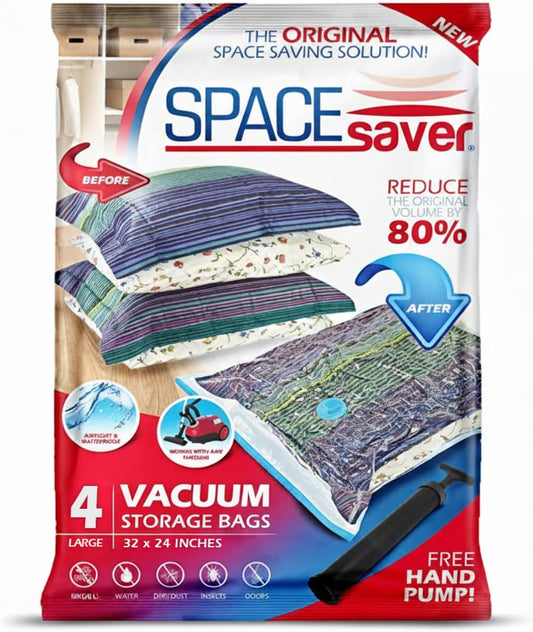 Spacesaver 4 Pack Large Vacuum Storage Bags for Comforters, Blankets & Clothes – Vacuum Sealed Compression Bags with Hand Pump – Space Saver Storage Bags for Bedding, Moving, Travel & Organization