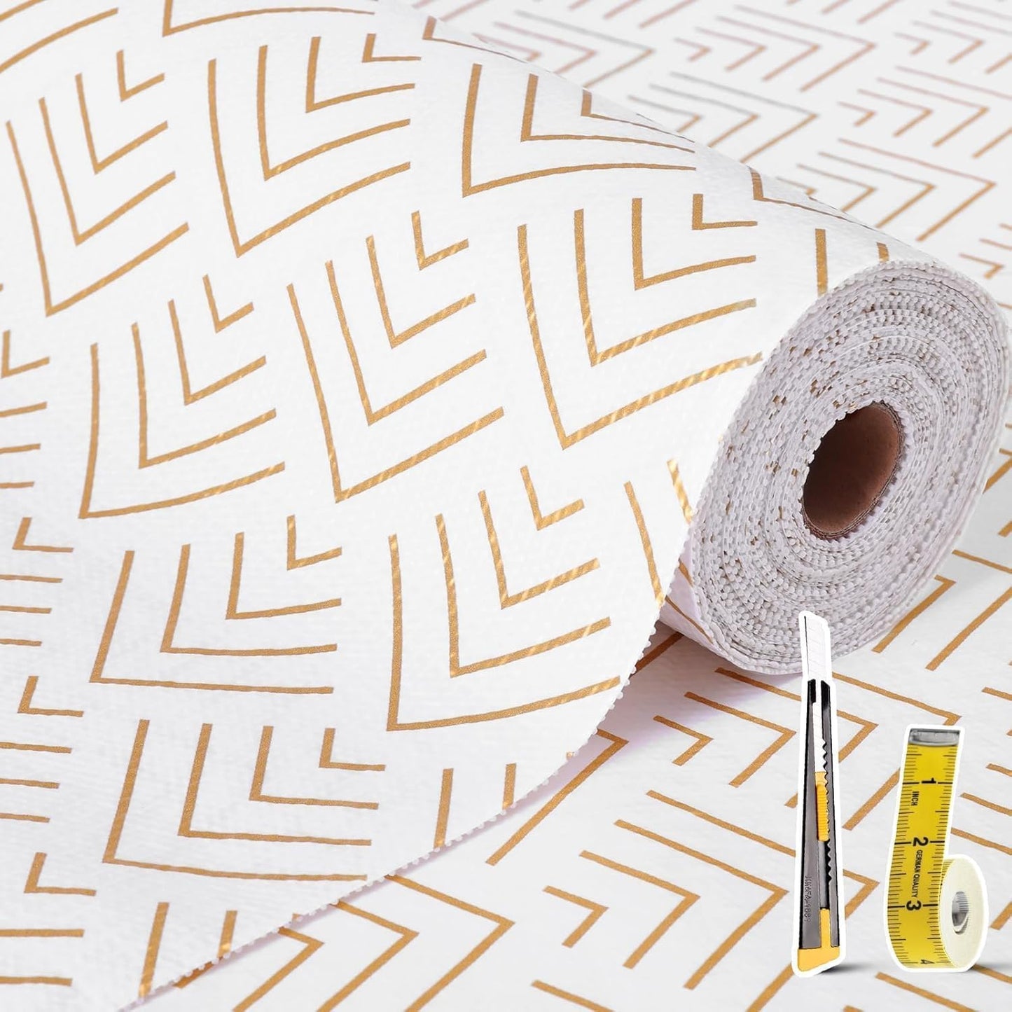 Shelf Liner for Kitchen Cabinets Non Adhesive Drawer Liner Non-Slip Thickened Shelf Liner Paper Strong Easy to Clean for Tool Box Refrigerator with Knife and Tape Measure, Gold Arrow, 23.6in x 39.37FT