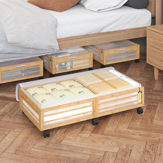 Bamboo Underbed Storage Containers with Wheels & Bag 2 Pack, Large Under Bed Rolling Storage Bins Wood Under Bed Clothes Storage Stackable Drawers for Bedroom Closet Under Crib Toy(Natural)
