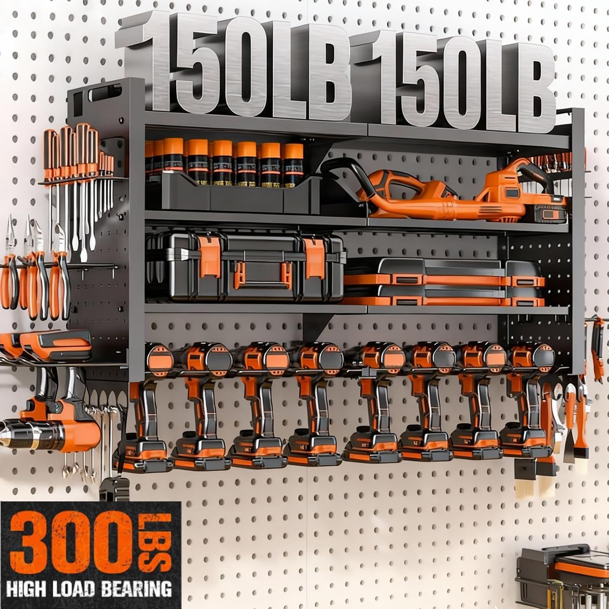 33" W Power Tool Organizer Wall Mount,4-Layer Heavy Duty Tool Storage with 10 Cordless Drill Holder,300 lb Capacity Garage Organization for Garage and Workshop,Black