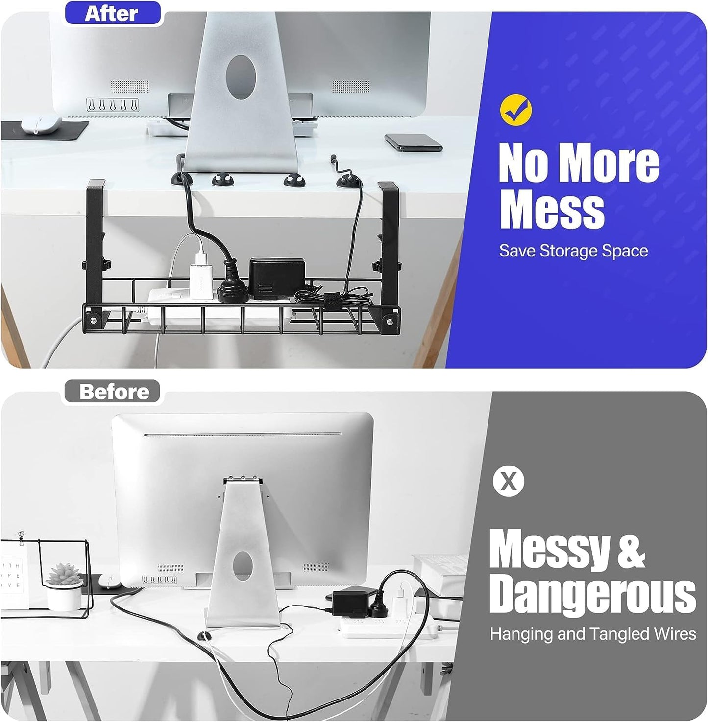 Under Desk Cable Management Tray 2 Pack, Xpatee Wire Management No Screws, Cable Tray with Clamp for Wire Management, Computer Code Rack for Office, Home - No Damage to Desk Black