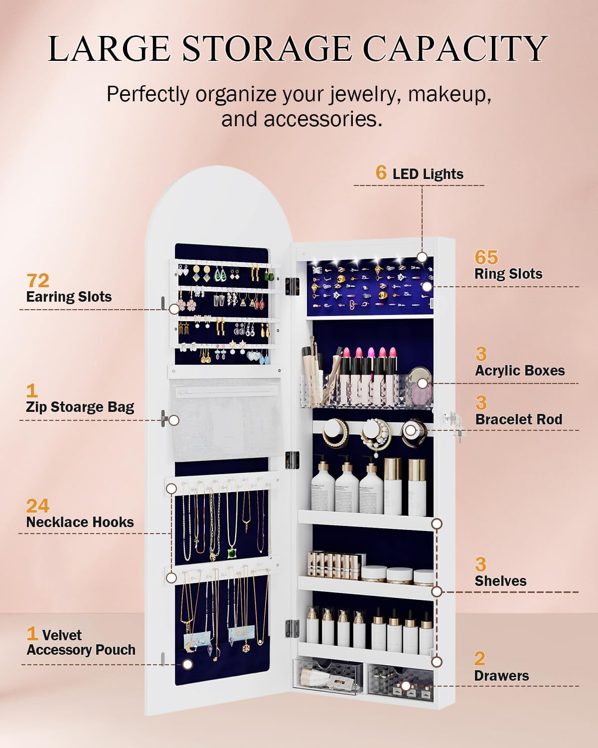 Jewelry Cabinet Organizer with Mirror, 47 inch Lockable Full-Length Mirror Jewelry Armoire Hanging Door/Wall Mounted with 6 LEDS, Arched Framed Mirror Cabinet with Storage, Gift for Women, White