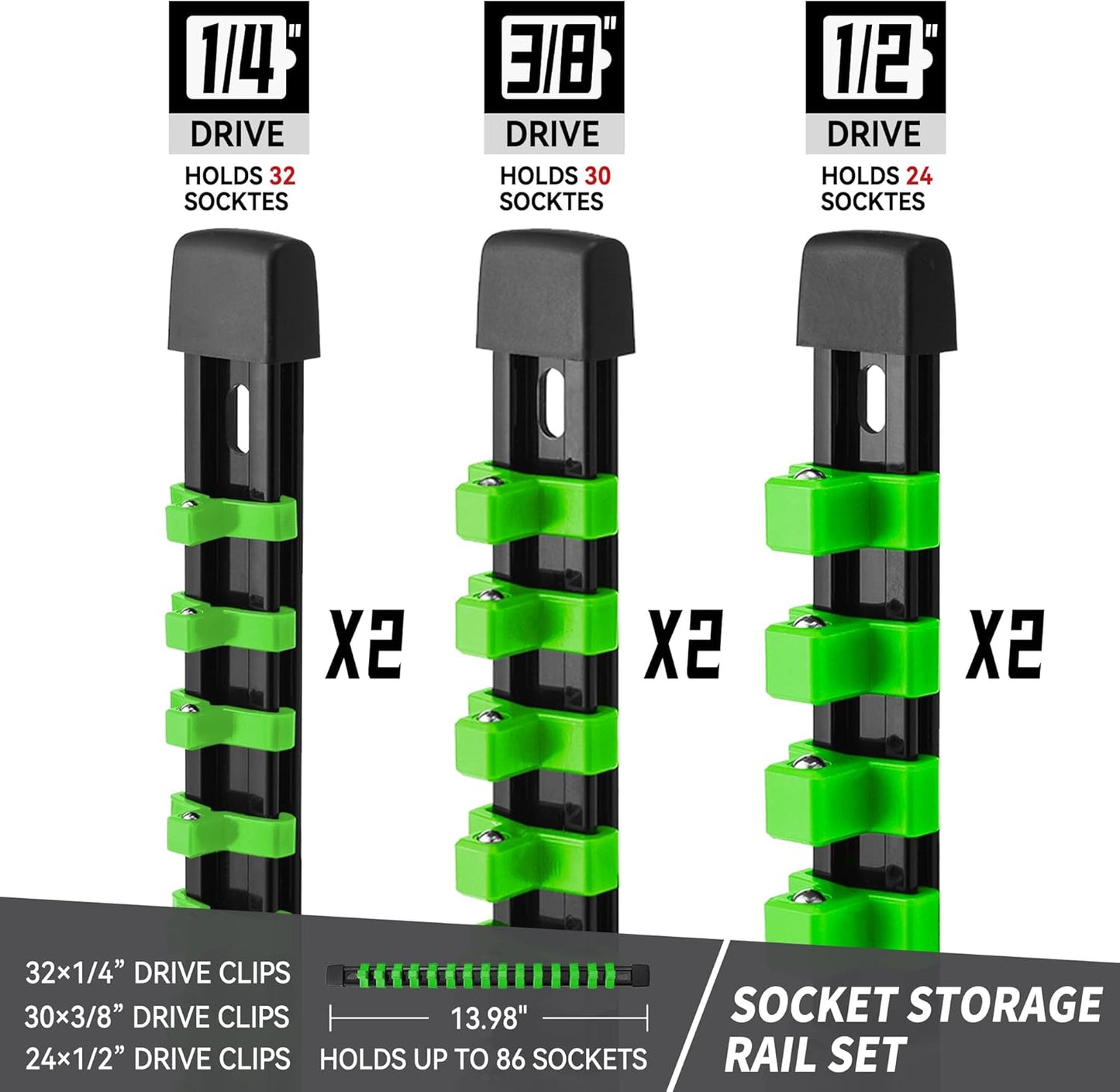 Socket Organizer Drive ABS Tools - Green Socket Holder, Premium Quality 6 Pieces Socket Holders Kit 1/4-Inch x 32 Clips, 3/8-Inch x 30 Clips, 1/2-Inch x 24 Clips（6PC,Green)
